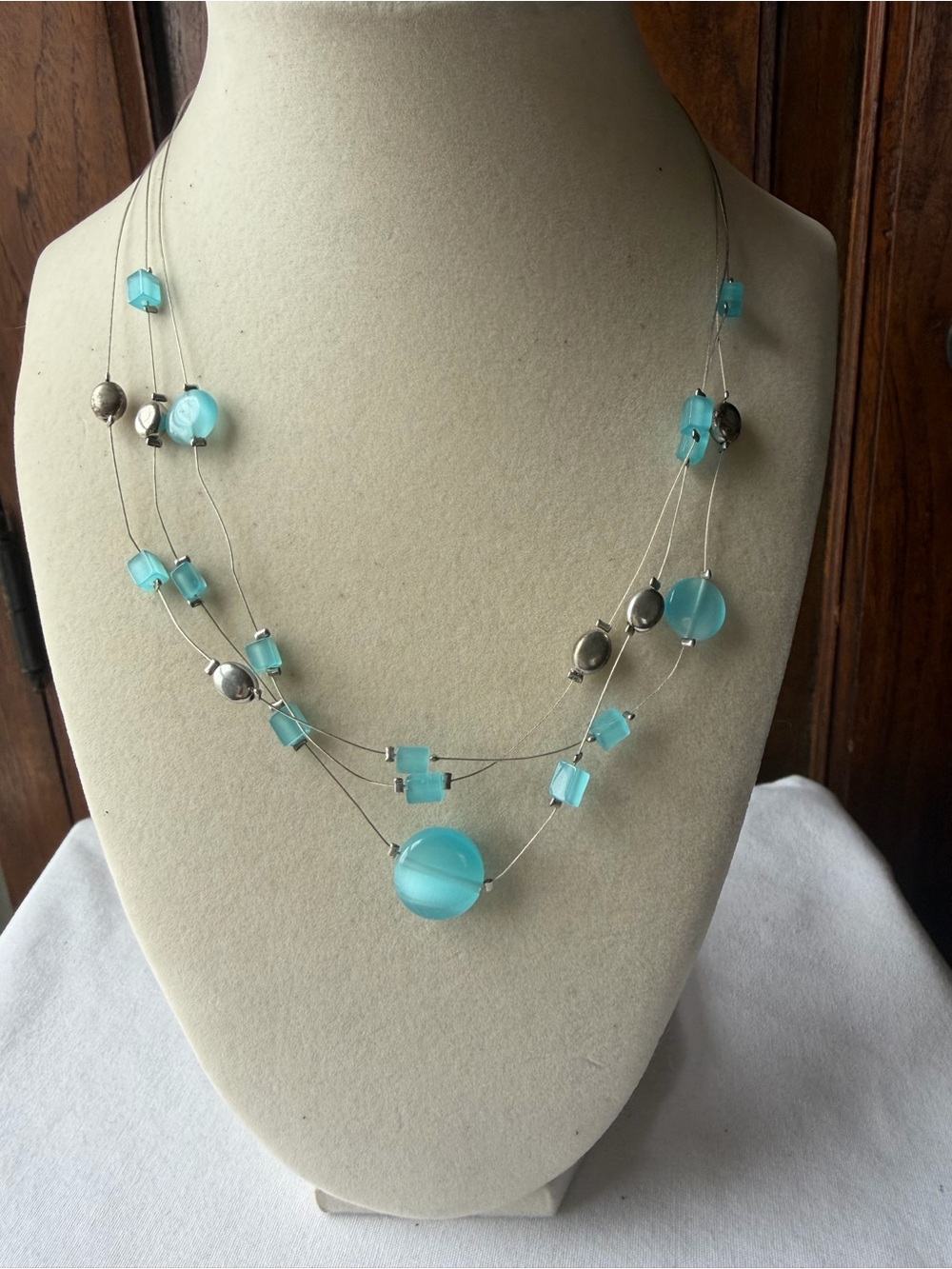 Lia Sophia Aqua Blue Multi Strand Necklace Cat Eye Beads Silver Tone Layered